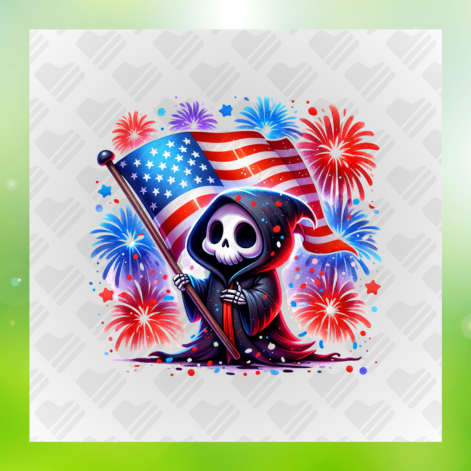 Patriotic Reaper With American Flag And Fireworks Transfer